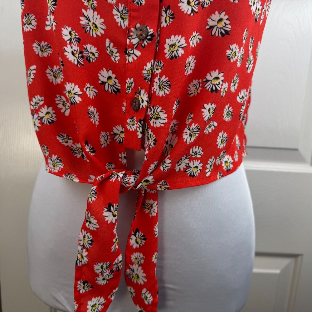 Papermoon Women Top Sz S Red Flower Print Buttons Round Neck Straps Front Tie - Picture 3 of 9